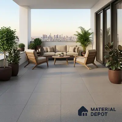 Modern balcony with beige outdoor seating, wooden frame chairs, and large format grey floor tiles
