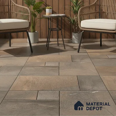 Scandinavian outdoor seating with wood cladding and stone-look floor tiles