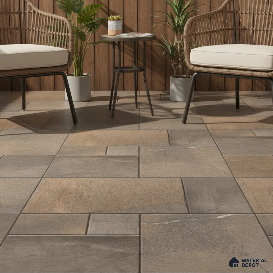 Scandinavian outdoor seating with wood cladding and stone-look floor tiles