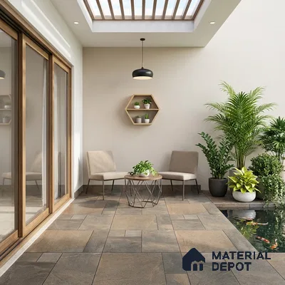 Modern outdoor patio with stone-look floor tiles and wooden louver skylight