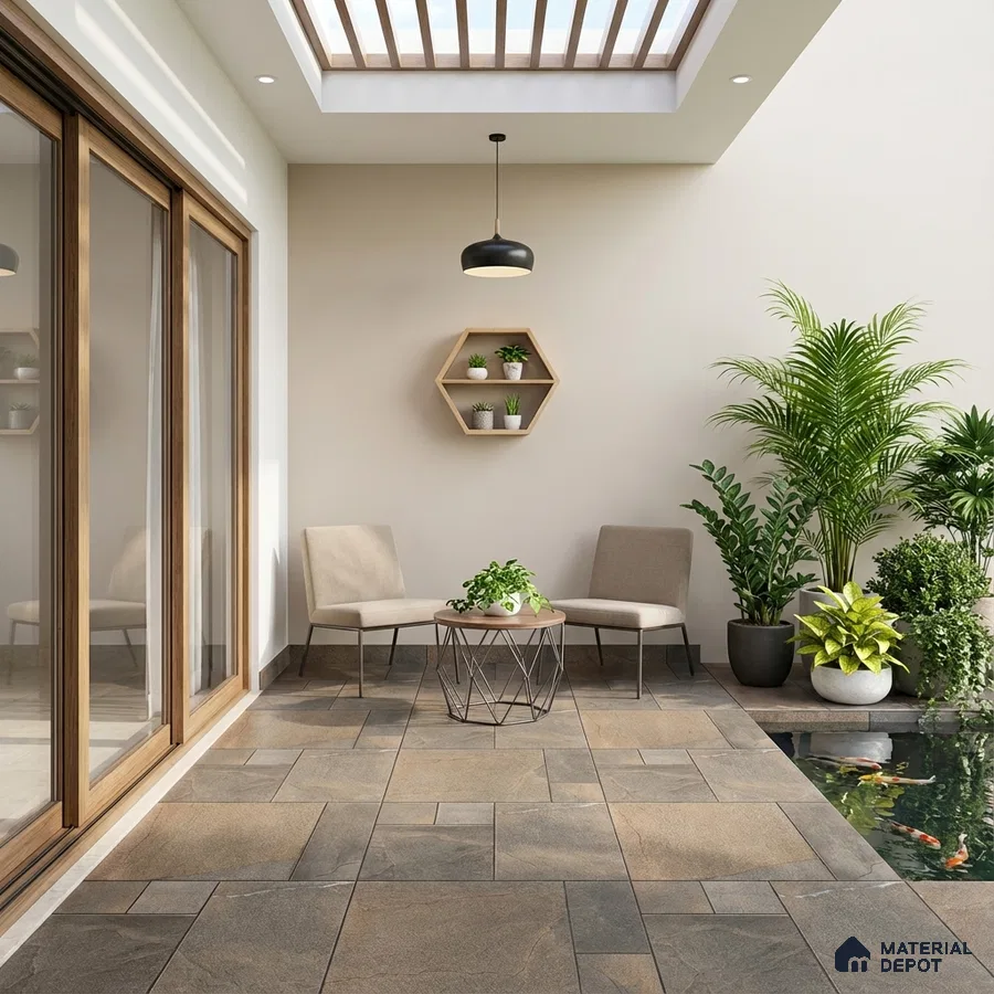 Modern outdoor patio with stone-look floor tiles and wooden louver skylight