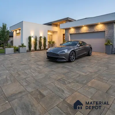 Modern parking with stone-look outdoor floor tiles and textured stone cladding