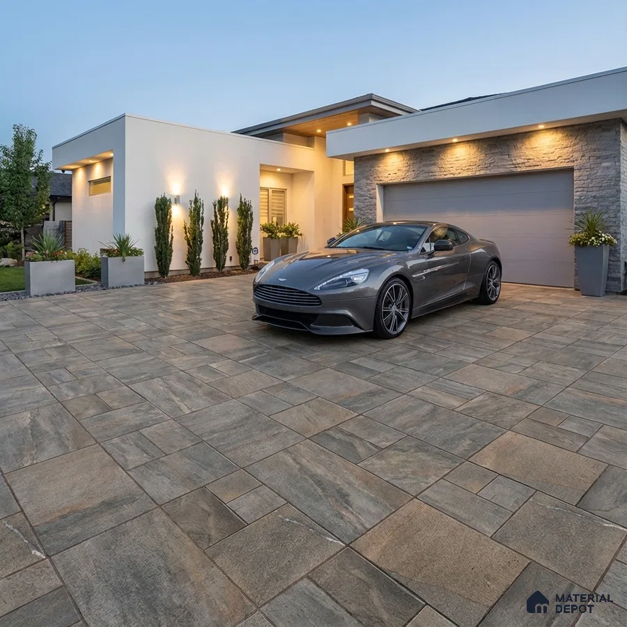 Modern parking with stone-look outdoor floor tiles and textured stone cladding