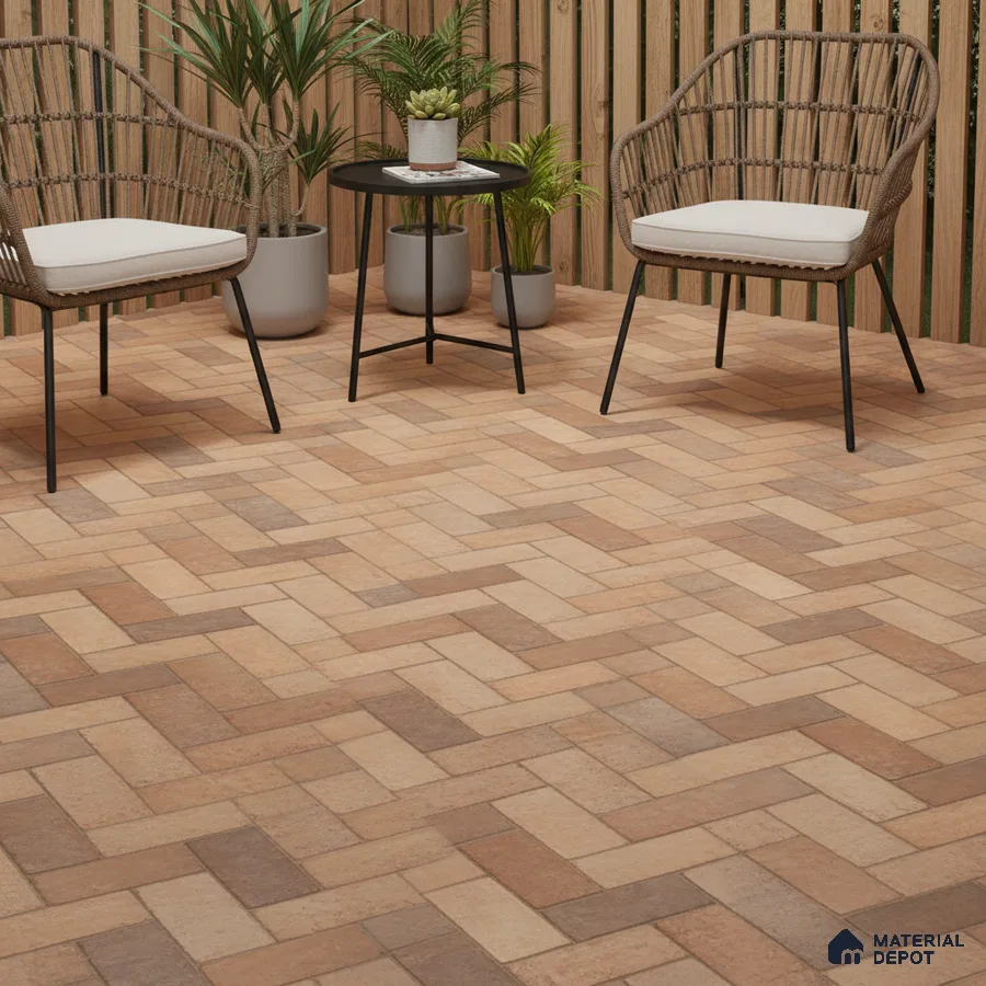 Scandinavian outdoor patio with terracotta herringbone floor tiles and natural wood louver fencing
