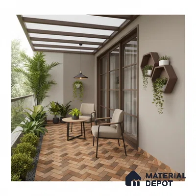 Modern balcony with terracotta herringbone floor tiles and wooden hexagonal wall shelves