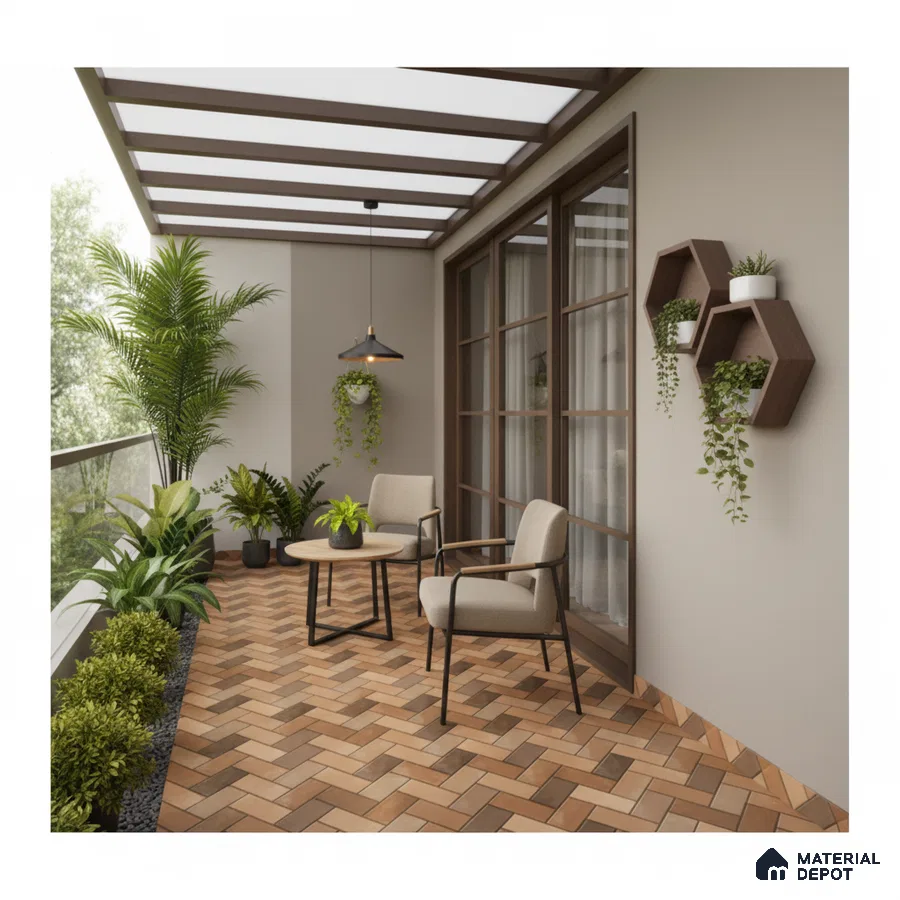 Modern balcony with terracotta herringbone floor tiles and wooden hexagonal wall shelves