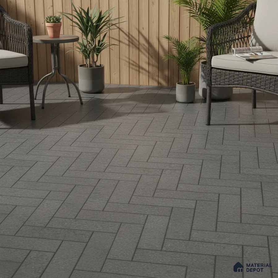 Scandinavian balcony with grey herringbone floor tiles and light wood wall panels