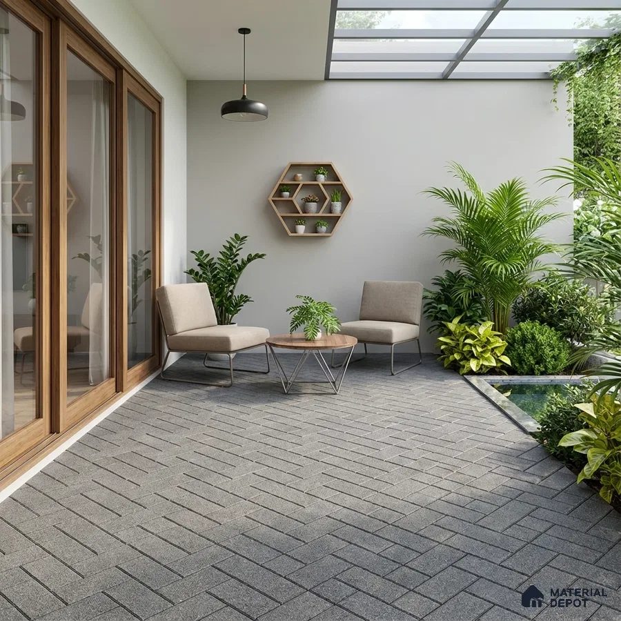 Modern outdoor seating with grey herringbone floor tiles and wooden accents