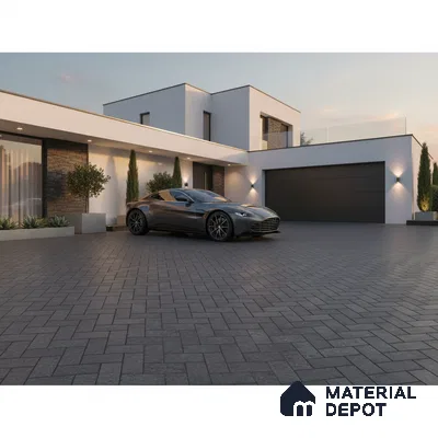 Modern parking with charcoal grey paver tiles and white stucco exterior