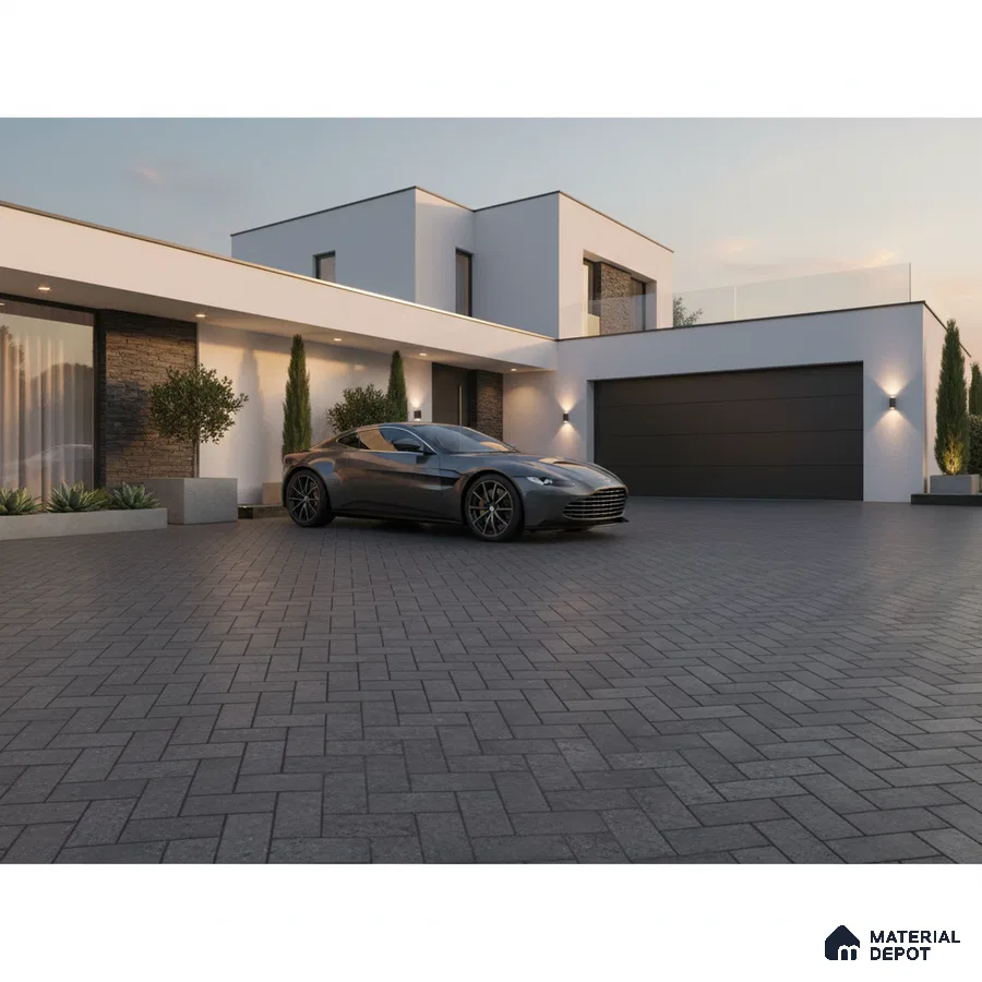 Modern parking with charcoal grey paver tiles and white stucco exterior
