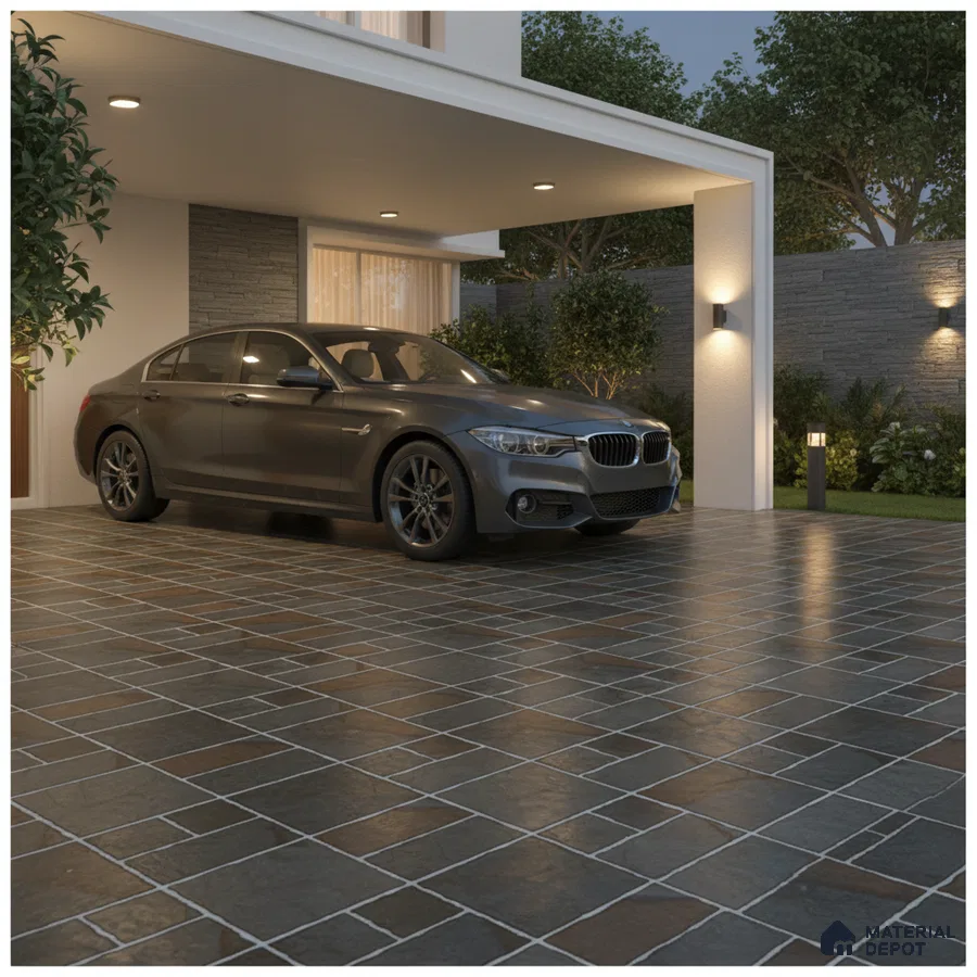 Modern parking with dark stone-look anti-skid floor tiles and grey stone cladding wall
