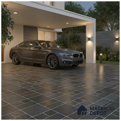 Modern parking with dark stone-look anti-skid floor tiles and grey stone cladding wall