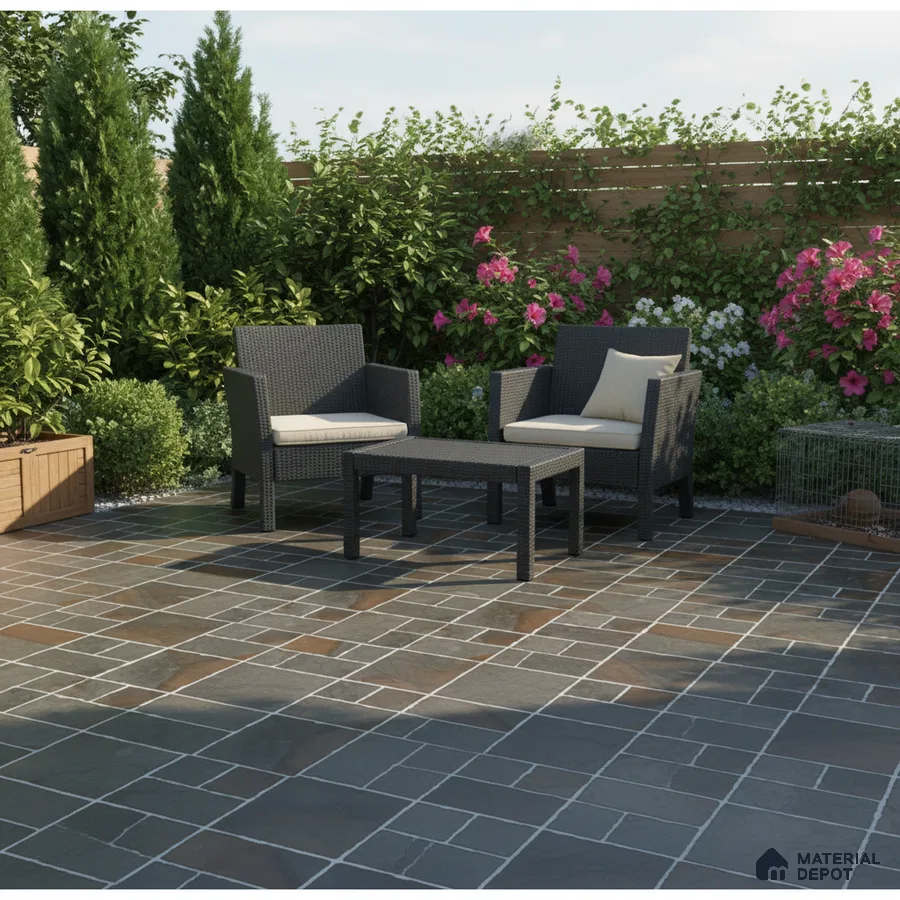 Modern outdoor patio with slate stone floor tiles and rattan furniture