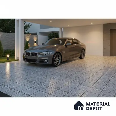 Modern parking with grey mosaic anti-skid floor tiles and stone cladding accent wall