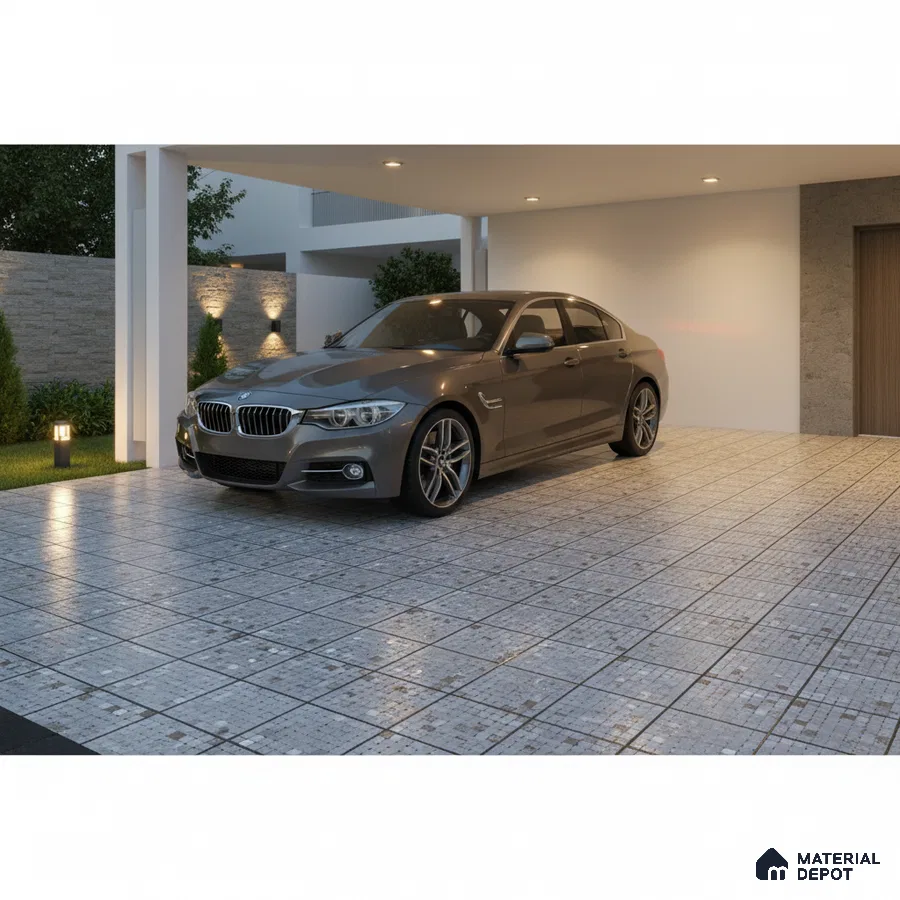 Modern parking with grey mosaic anti-skid floor tiles and stone cladding accent wall