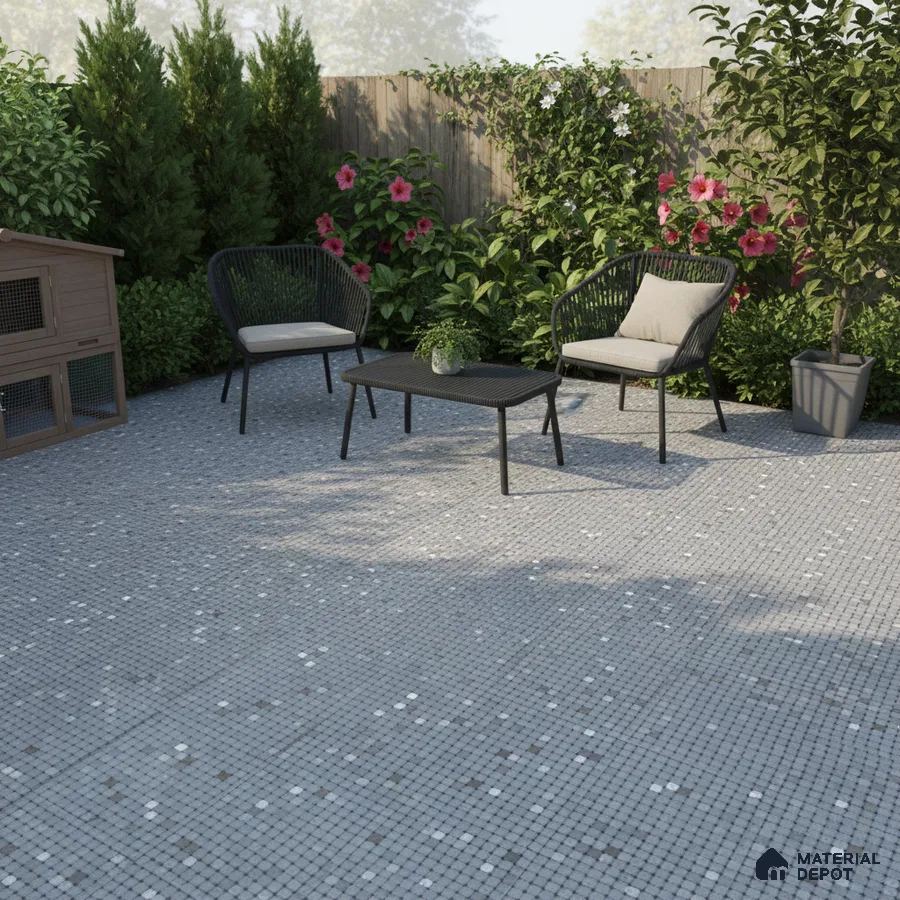 Modern outdoor seating with grey mosaic floor tiles and black rope chairs