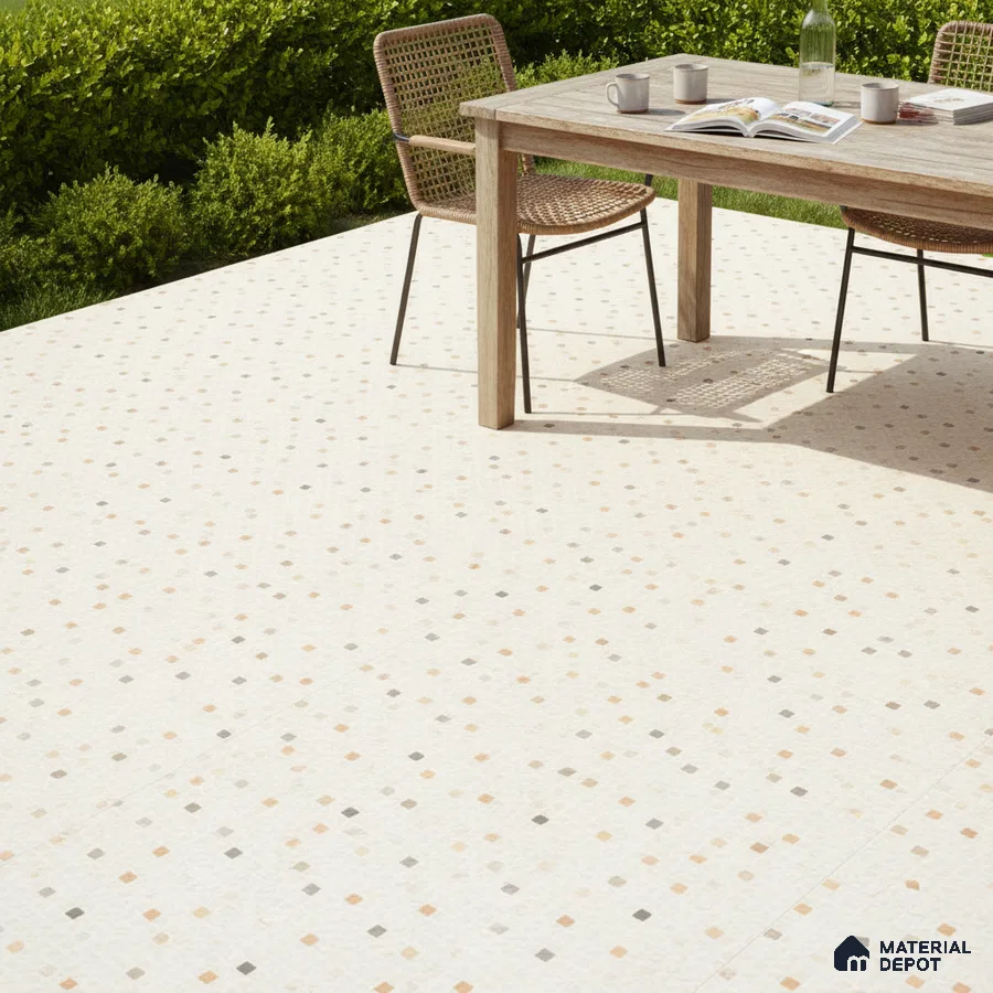 Scandinavian outdoor patio with beige mosaic floor tiles and natural wood furniture