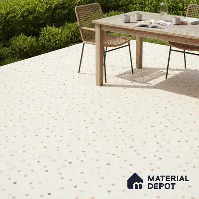 Scandinavian outdoor patio with beige mosaic floor tiles and natural wood furniture
