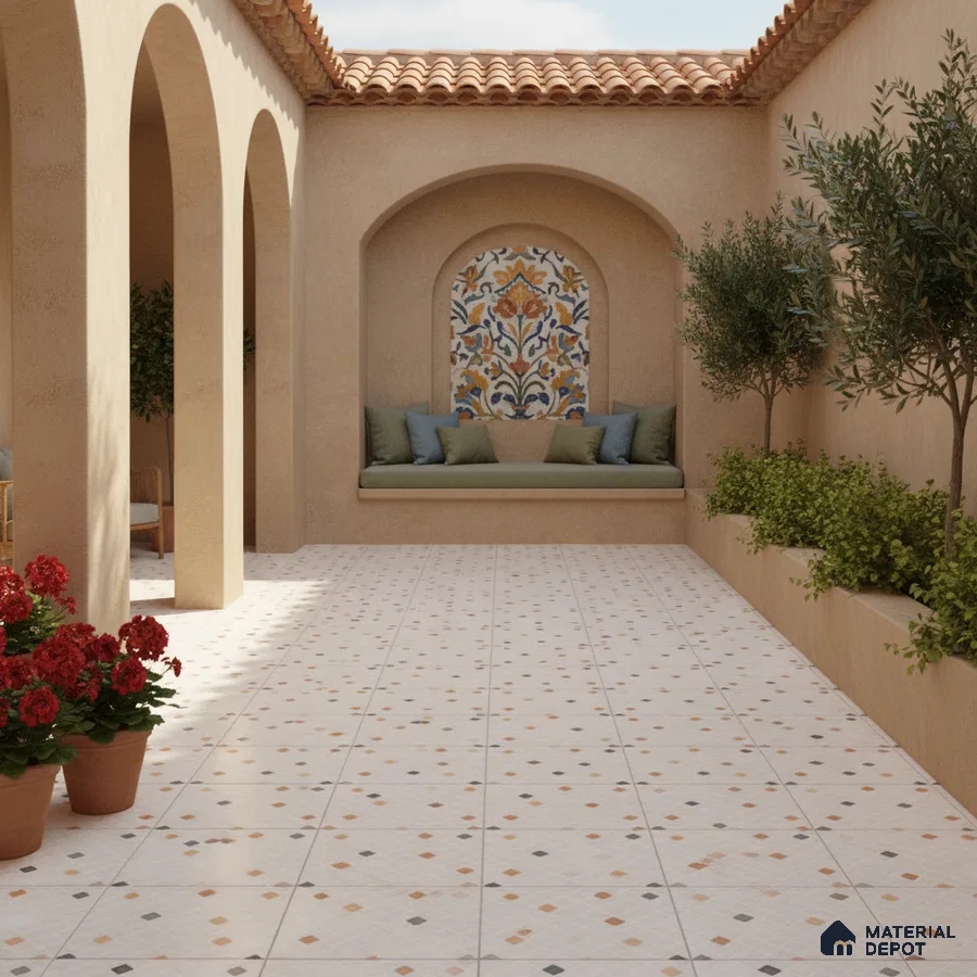 Mediterranean outdoor courtyard with terracotta roof, patterned accent tile, and geometric floor tiles