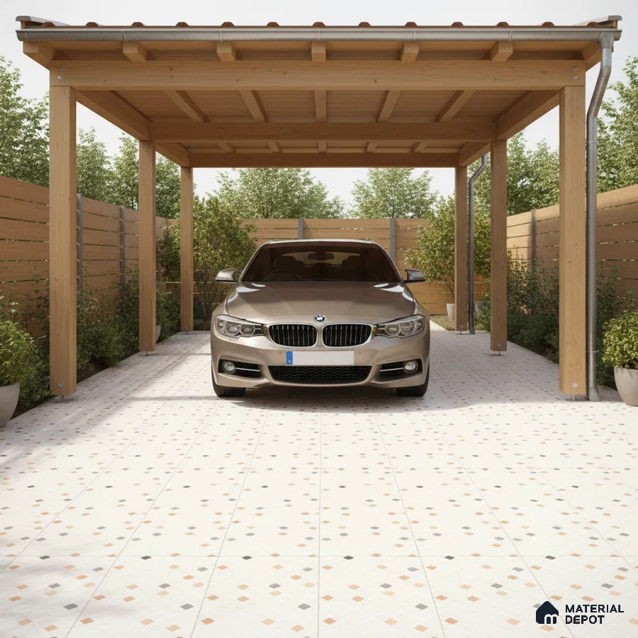 Modern parking with wooden pergola and patterned anti-skid floor tiles