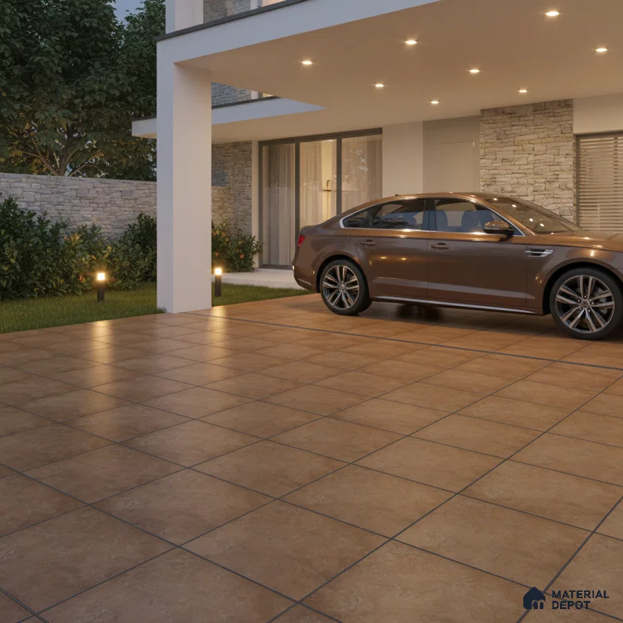 Modern parking with rustic brown floor tiles and stone cladding accent wall