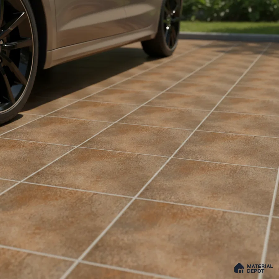Modern parking area with rustic brown anti-skid floor tiles