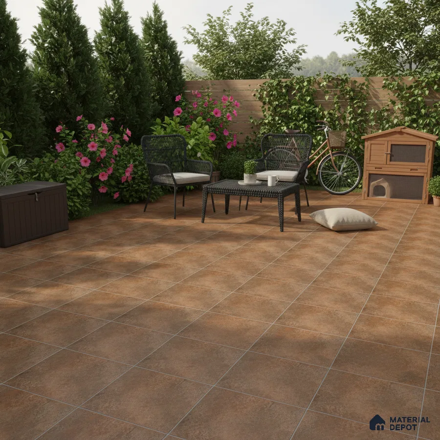 Modern outdoor patio with terracotta floor tiles and black wicker furniture