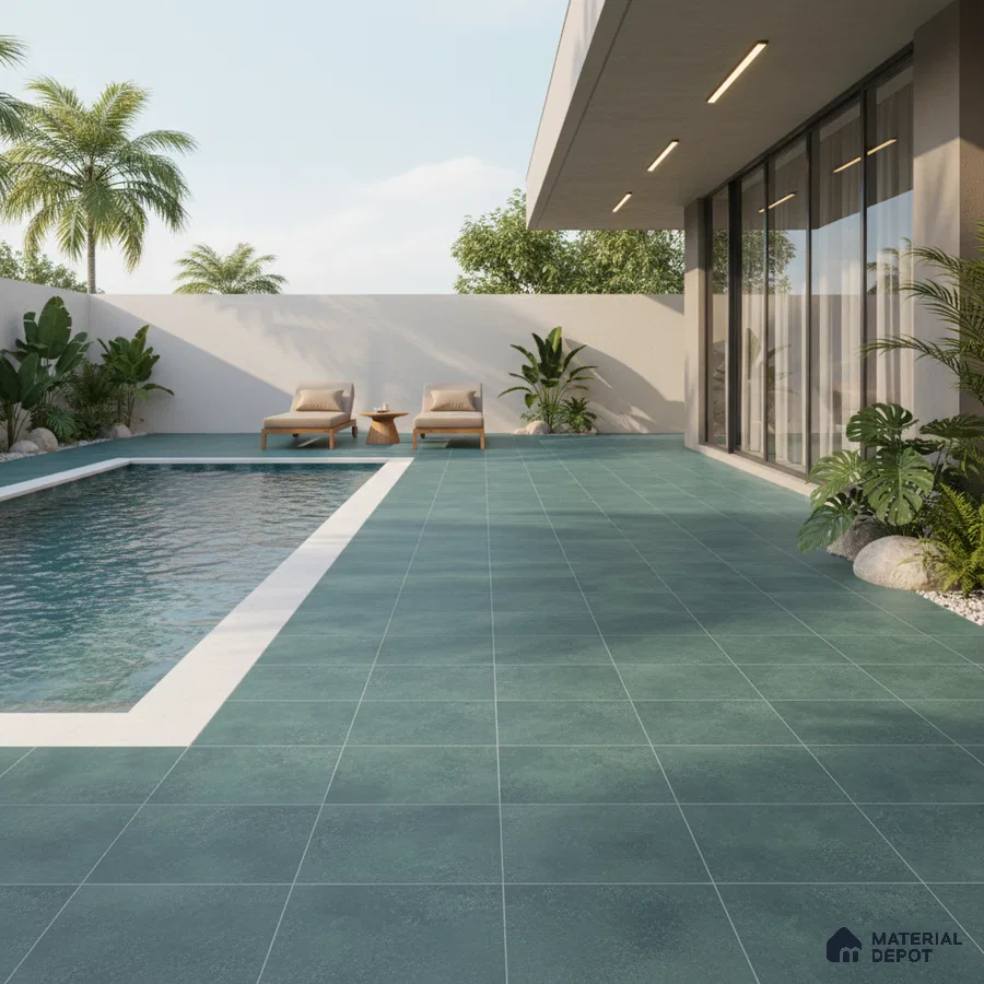 Modern outdoor poolside with teal matte floor tiles and minimalist landscaping