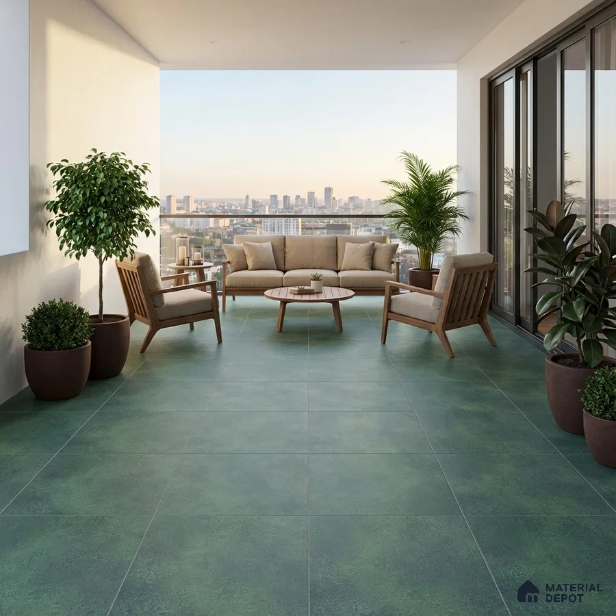 Modern balcony with green textured floor tiles and wooden outdoor furniture