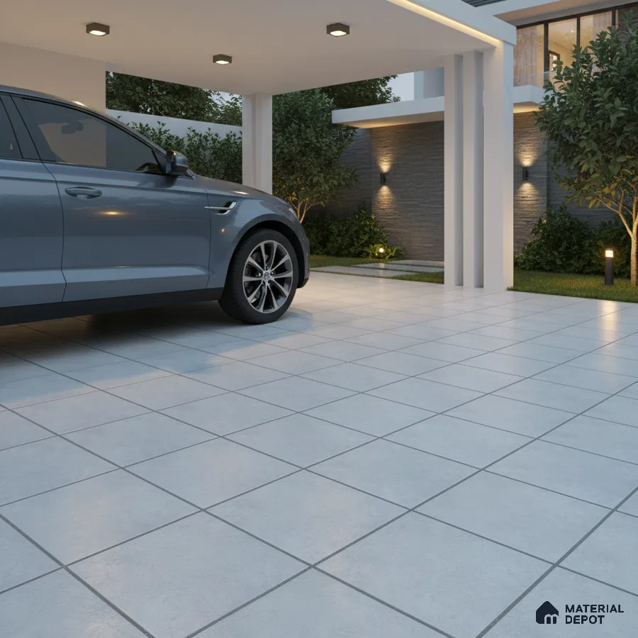 Modern parking with light grey matte floor tiles and outdoor cladding