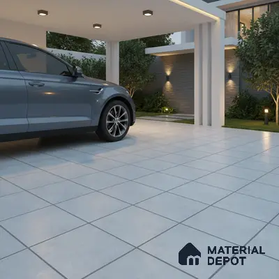 Modern parking with light grey matte floor tiles and outdoor cladding