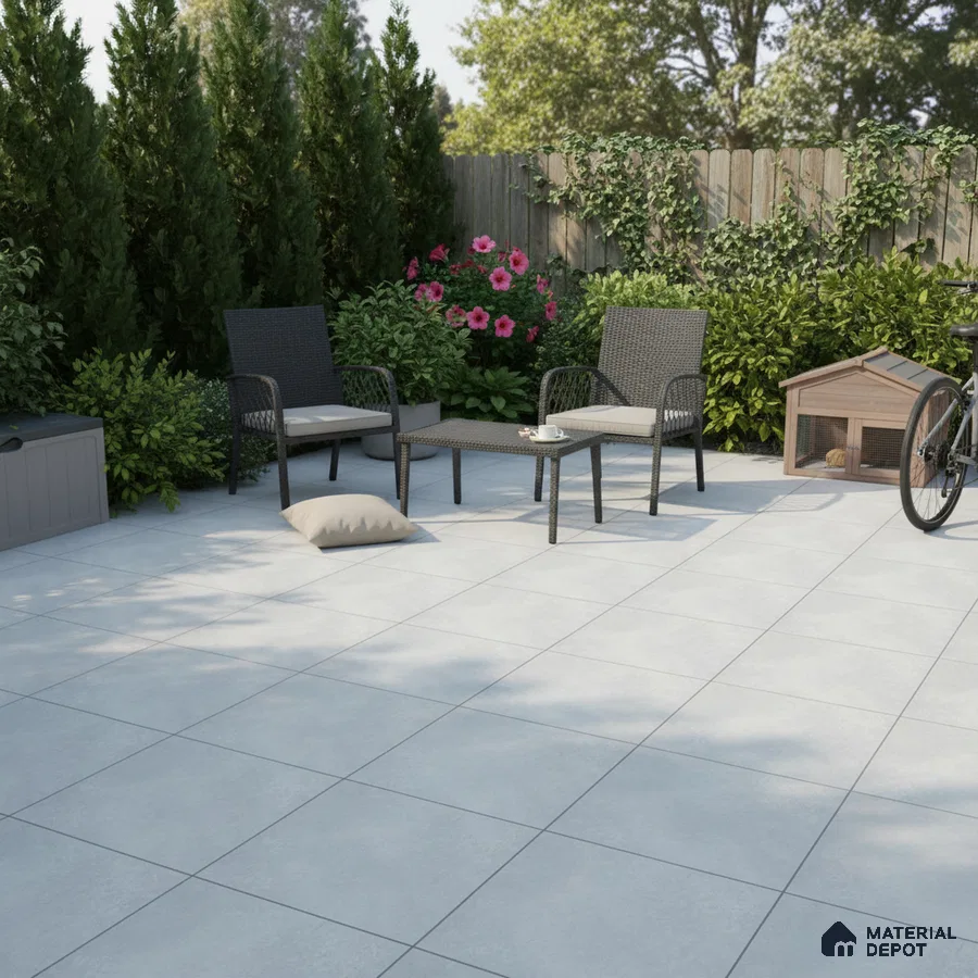 Modern outdoor patio with light grey matte floor tiles and rattan furniture