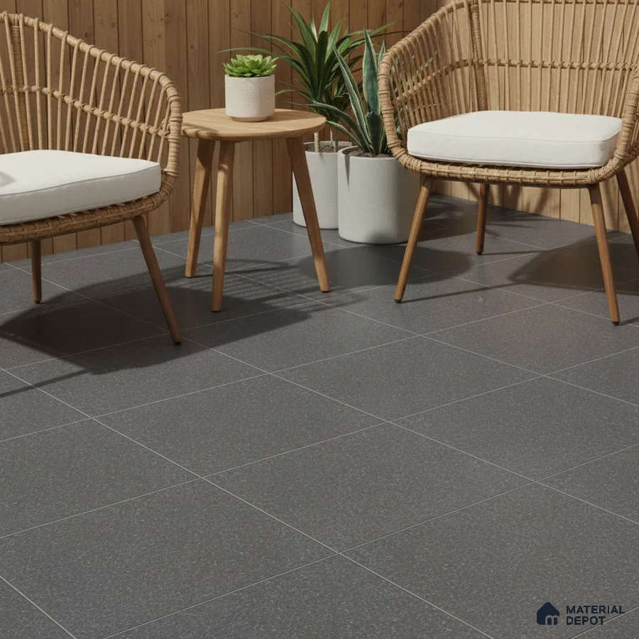 Scandinavian balcony with grey matte floor tiles and natural wood wall cladding