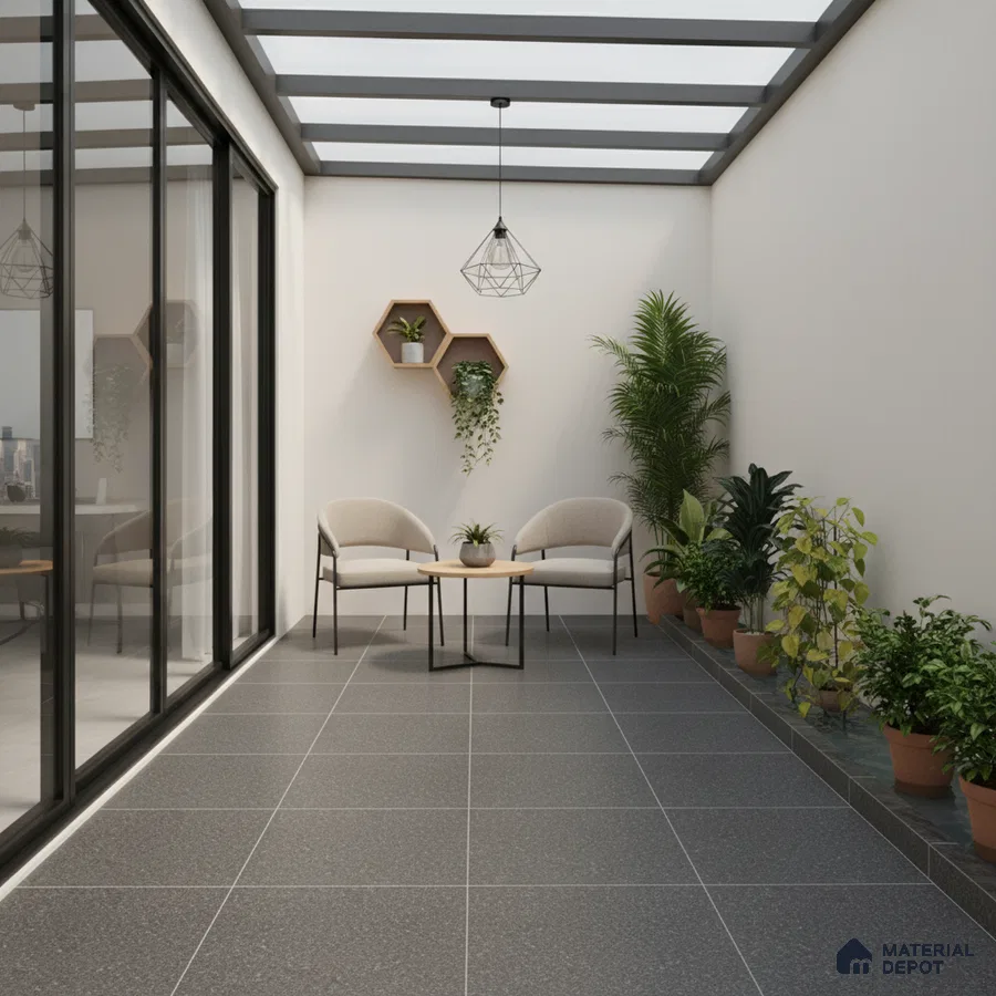 Minimalist balcony with charcoal grey floor tiles and glass partition