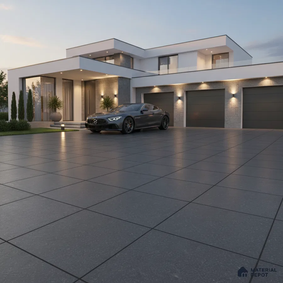 Modern parking with large format charcoal grey stone tiles and minimalist facade