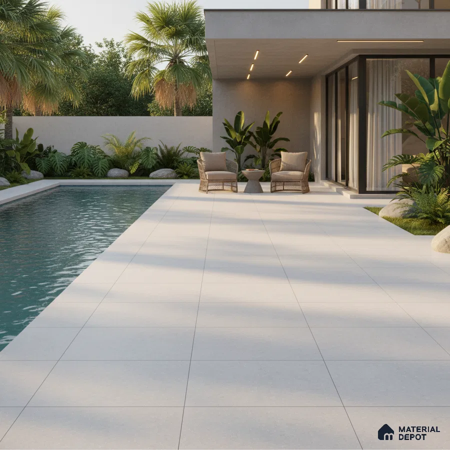 Modern outdoor poolside with large format light grey stone tiles and minimalist patio seating