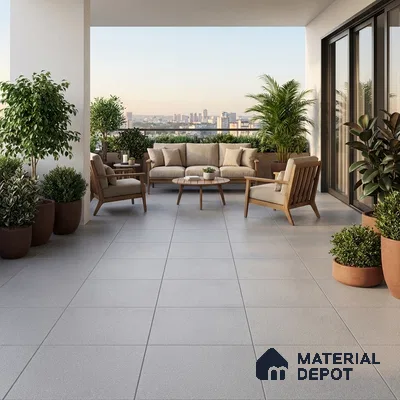 Modern balcony with light grey matte floor tiles and wooden outdoor furniture