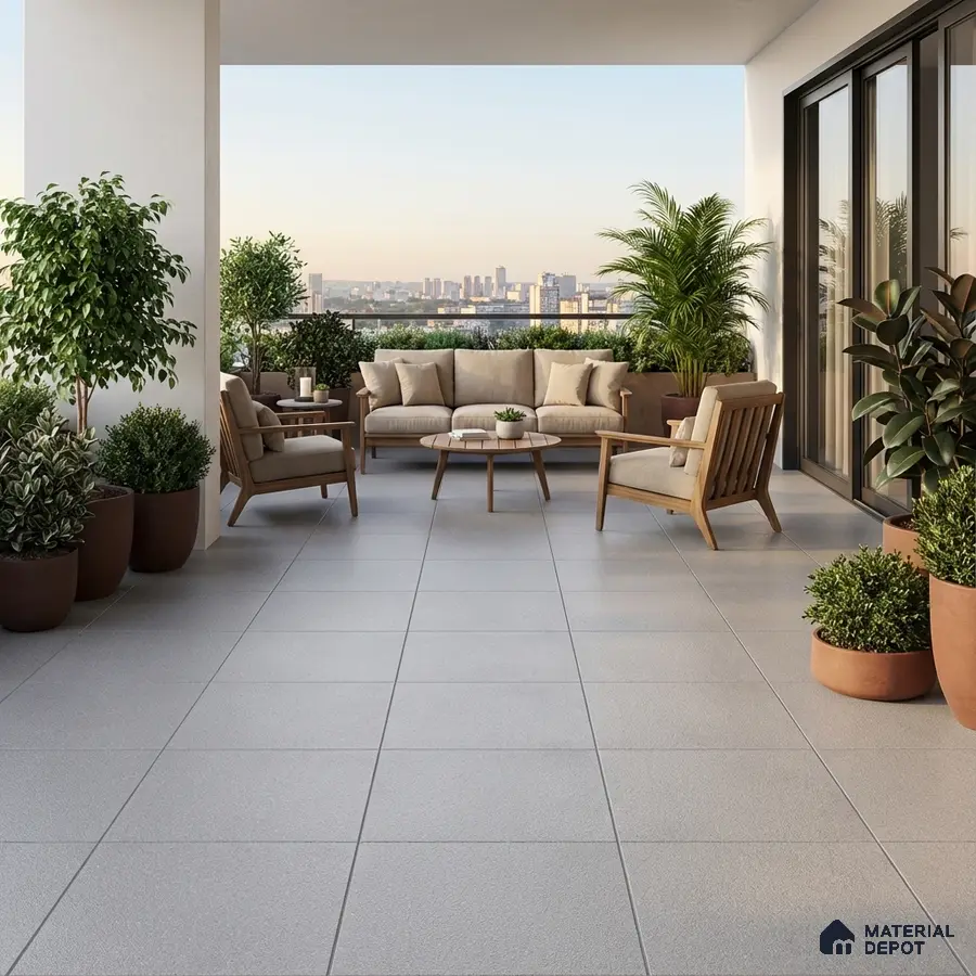 Modern balcony with light grey matte floor tiles and wooden outdoor furniture