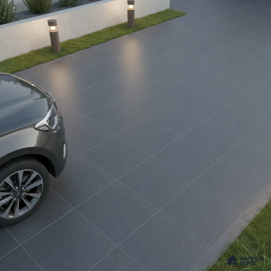Modern parking area with matte charcoal grey stone-look floor tiles