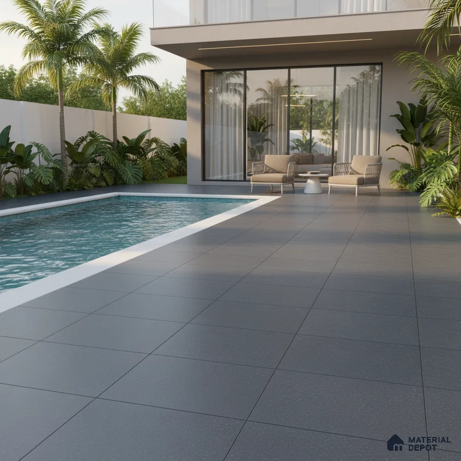 Modern outdoor poolside with matte charcoal grey floor tiles and minimalist seating