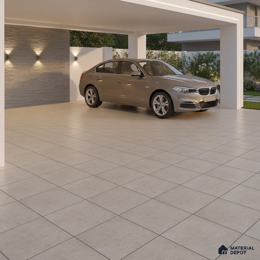 Modern parking with beige floor tiles and grey stone cladding accent wall