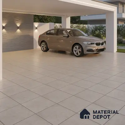 Modern parking with beige floor tiles and grey stone cladding accent wall
