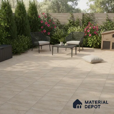 Modern outdoor patio with beige stone-look floor tiles and black wicker furniture