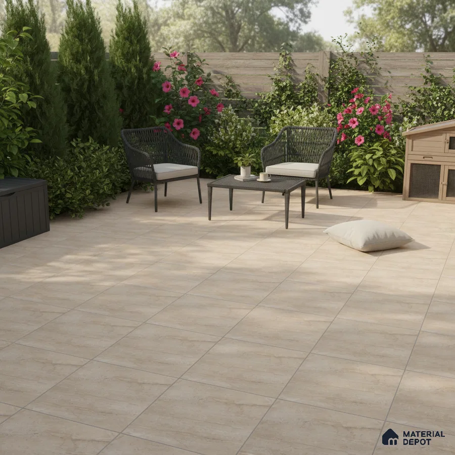 Modern outdoor patio with beige stone-look floor tiles and black wicker furniture