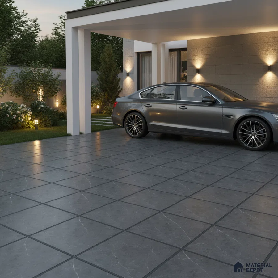 Modern parking with charcoal grey stone-look floor tiles and textured wall cladding