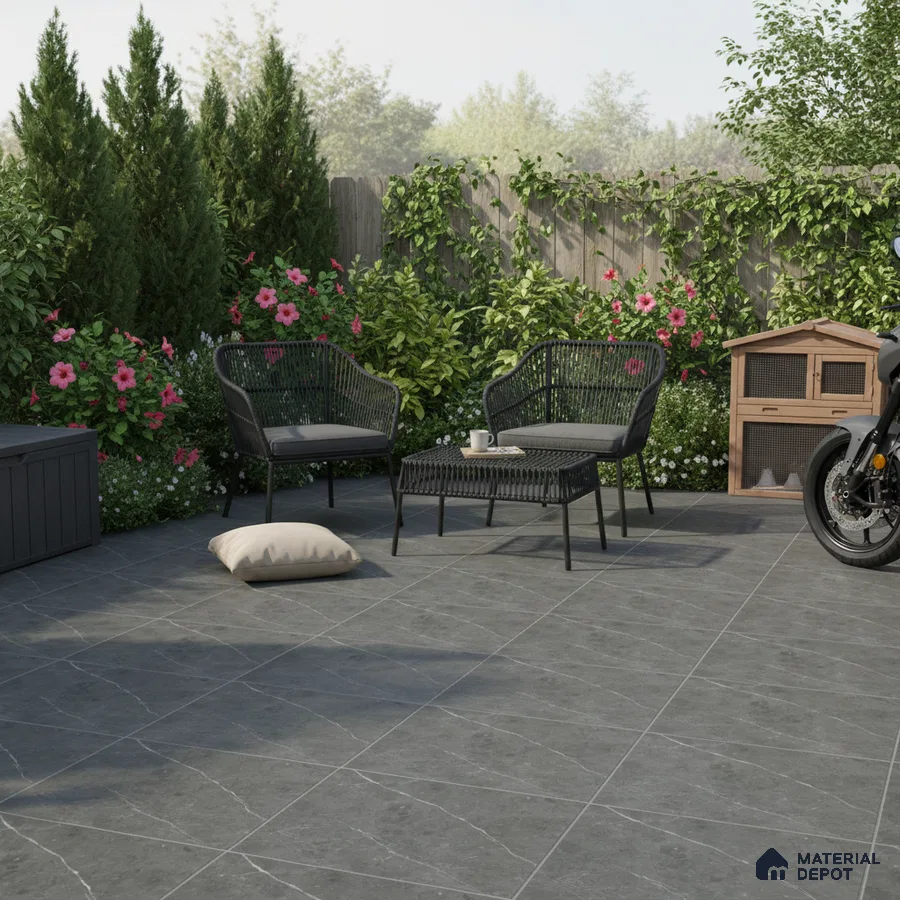 Modern outdoor patio with charcoal grey stone-look floor tiles and black rope furniture