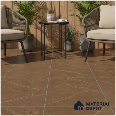 Modern outdoor seating with walnut brown marble-look floor tiles and wood cladding wall