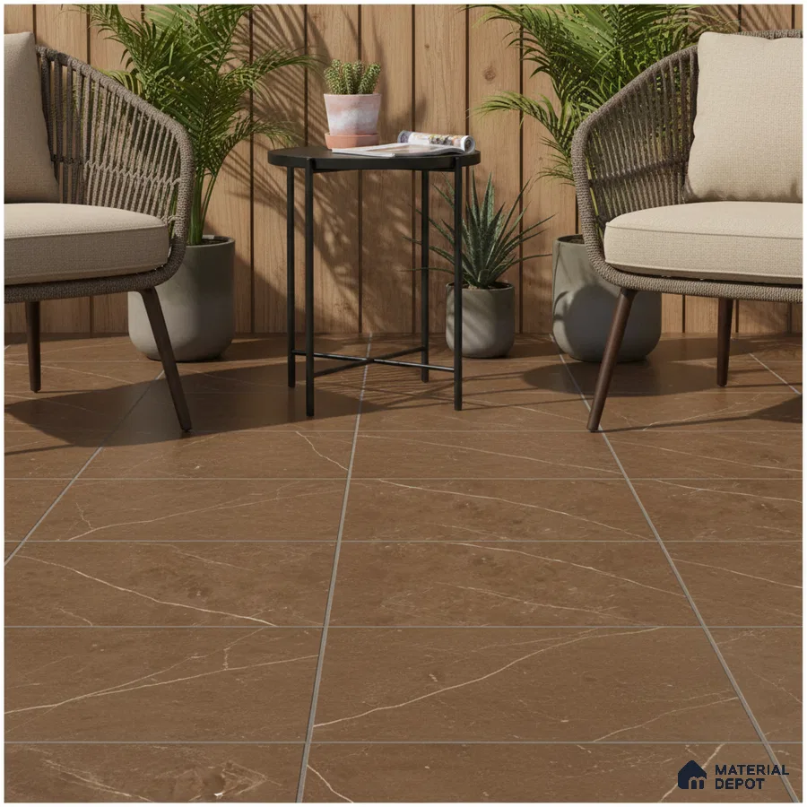 Modern outdoor seating with walnut brown marble-look floor tiles and wood cladding wall