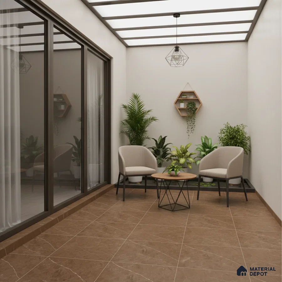 Modern balcony with brown marble floor tiles and neutral seating