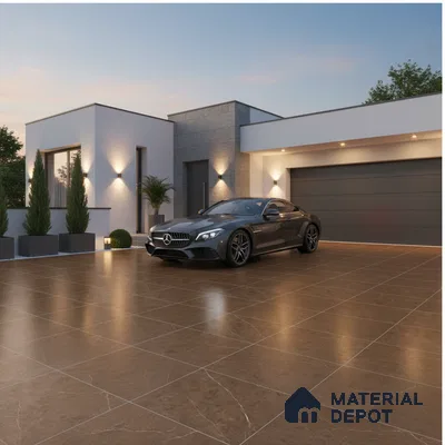Modern parking with brown marble-look floor tiles and grey stone cladding
